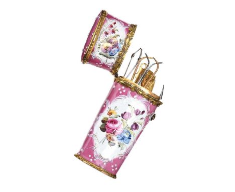 FRENCH ENAMEL MANICURE SET & CASE WITH FLORAL DESIGN & HINGED LID WITH GILT METAL MOUNTS. HEIGHT: 3 INCHES.WIDTH: 1¾ INCHES.D