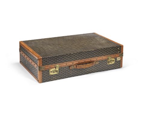 Goyardine Wardrobe Trunk,Goyard, 1930s,Printed hardsided case with fitted interior with hanging compartment and two lift down