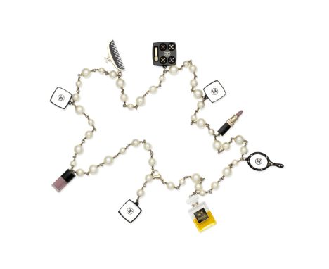 Cosmetic Charms Necklace,Chanel, Autumn 2008,Simulated pearl necklace interspersed with charms to include perfume, mirror, li