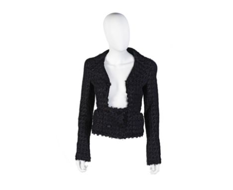 Black Boucle Cropped Jacket,Chanel, Spring 2005,Square open neckline with black enamel CC buttons,Condition Grade BLabelled s
