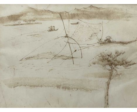 Bernard LEACH (1887-1979) Japanese net fishing Ink drawing, Facsimile signature to verso 13x17cmWith Boots Redgrave from whom