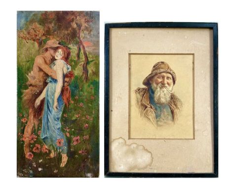 After Maurice William GREIFFENHAGEN (1862-1931)  Idyll Oil on canvas, 30x15cm together with a fisherman's head after James Dr