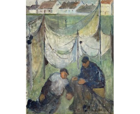 K RAVN?? Repairing the Nets Oil on canvas, Signed and dated 1938 99 x 76cm
