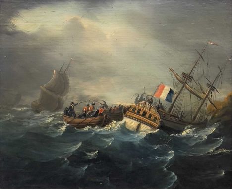 19th-century marine school Marines Boarding a Frenchman Oil on panel, 25x30cm