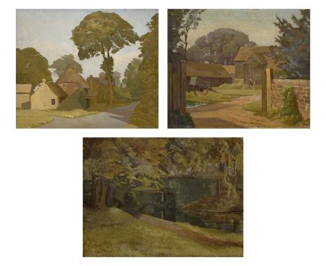 John SIMMONS (1871-1943) Three oils on canvas View From a Riverside, Farmstead and Rural VillageEach approximatley 46 x 61cm(