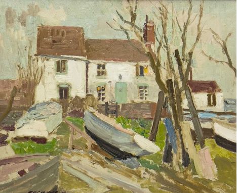 Stanley Horace GARDINER (1887-1952) The Boatyard Oil on panel, signed and dated '48, inscribed to verso by the artist, 38x45c