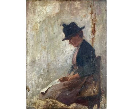 Charles Greville MORRIS (1861-1922) Seated Woman Oil on mahogany panel, signed, inscribed "To Mrs Lanham" and dated 1890, 34.