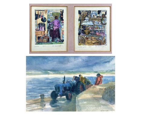 Sue LEWINGTON (1956) Blue Tractor on the Harbour Wall WatercolourSigned and dated '9117 x 26.5cmTogether with two coloured et