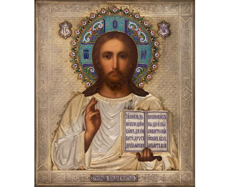 A RUSSIAN ICON OF CHRIST PANTOCRATOR WITH GILT SILVER, CLOISONNE AND CHAMPLEVE ENAMEL OKLAD, WORKMASTER ALEKSANDR MUKHIN, MOS
