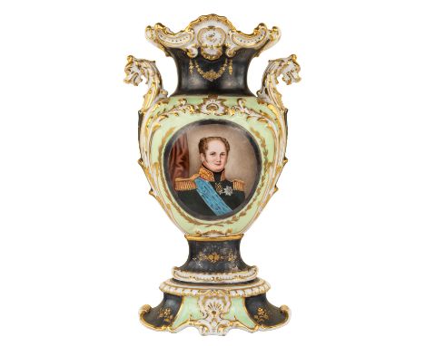 A RUSSIAN TWO-HANDLED PORCELAIN VASE, MIKLASHEVSKY PORCELAIN FACTORY, VOLOKITINO, 1840S-1850S of baluster form, with gilt roc