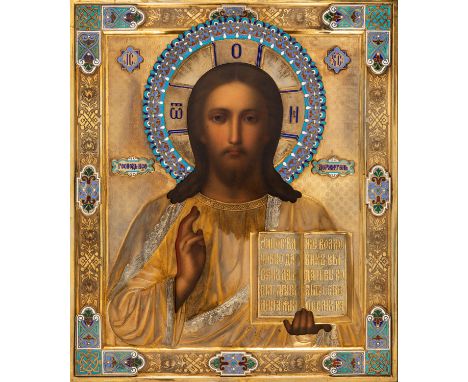 A RUSSIAN ICON OF CHRIST PANTOCRATOR WITH GILT SILVER, CLOISONNE AND CHAMPLEVE ENAMEL OKLAD, WORKMASTERS ANTIP KUZMICHEV AND 