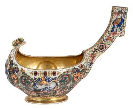 A LARGE RUSSIAN SILVER AND CLOISONNE ENAMEL KOVSH, GISH WORKSHOP, ST. PETERSBURG, 1908-1917 with hooked geometric handle deco