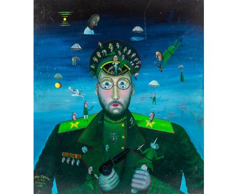 LEONID PURYGIN (RUSSIAN 1951-1996) Commissar, 1989 oil on canvas 110.5 x 97.5 cm (43 1/2 x 38 3/8 in.) signed and dated lower