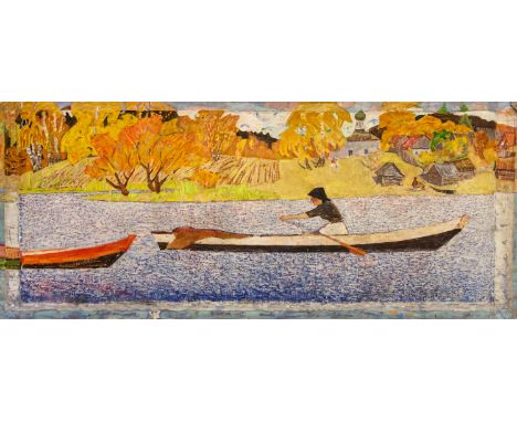 SOVIET SOCIALIST REALIST ARTIST, CIRCA 1930-1950 Panoramic View of Village and Rowing Peasant Woman,  oil on canvas 78 x 185 