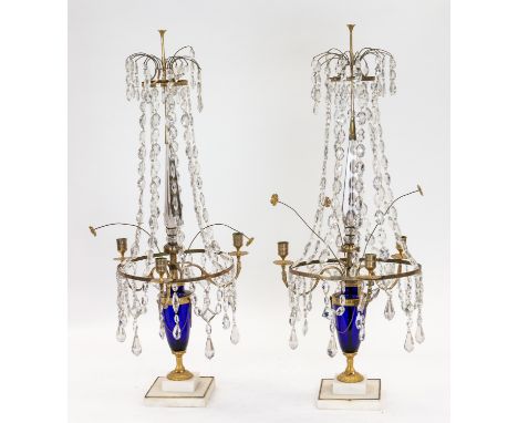 A PAIR OF RUSSIAN CUT CRYSTAL AND COBALT GLASS CANDELABRA, 19TH CENTURY the three-light candelabra modelled as vases, with sw