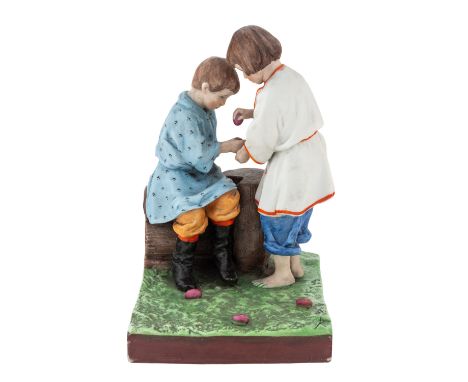A RUSSIAN PORCELAIN FIGURAL GROUP OF CHILDREN WITH EASTER EGGS, GARDNER PORCELAIN FACTORY, VERBILKI, MOSCOW, 1870S-1890S the 