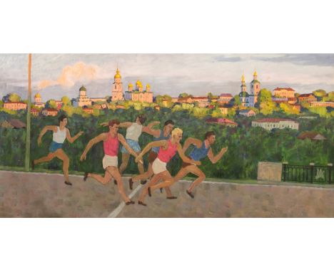 SOVIET SOCIALIST REALIST ARTIST, CA 1930-1950 Morning Run,  oil on canvas 86.5 x 168 cm (34 x 66 1/8 in.)   PROVENANCECollect