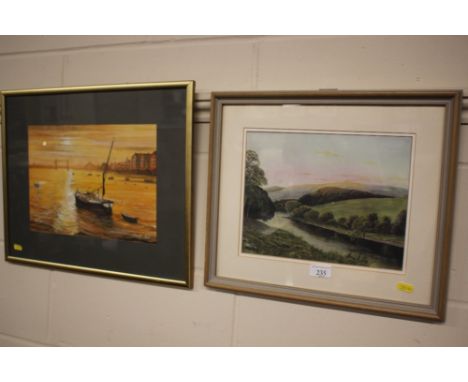 Geoff Pull, watercolour study of a boat on the River Thames; and a landscape print 