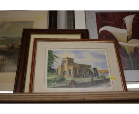A pencil signed limited edition print of a church; and a coloured print entitled "The George Inn Glastonbury"