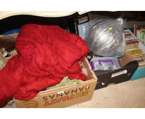 Three boxes and a bag of various ornaments; household items; a light shade etc.