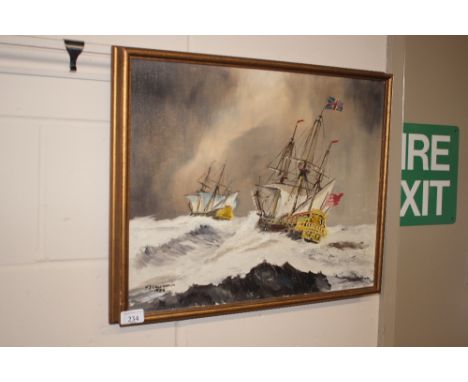 M J Greenhalgh, oil on board study of ships in stormy seas, dated 1968