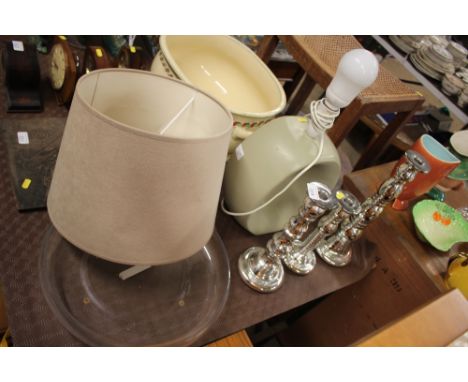 Three Ikea silvered candlesticks; together with a modern table lamp and shade; and a glass circular bowl 