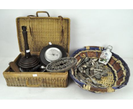 Assorted collectables, to include a barometer, turned wooden table lamp, a trivet stand and other items