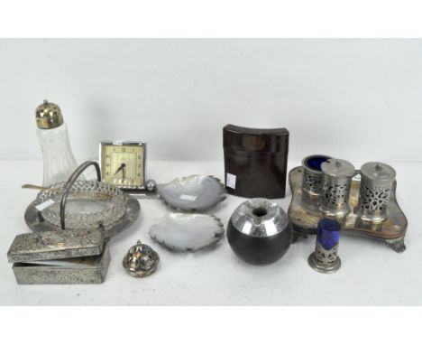 An Art Deco style chrome desk clock, eight day movement; together with a bakelite ball ashtray, Bakelite case and other items