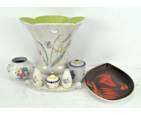 Assorted ceramics, to include a large Crown Devon vase of trumpet form, 26cm high, together with Poole pottery items