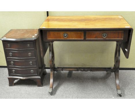 A Regency style drop leaf sofa table, 75cm x 89cm x 50cm, together with a small chest of four short drawers