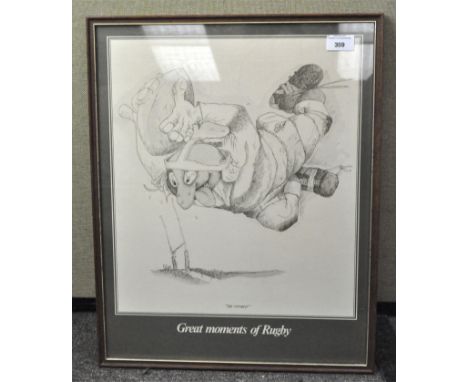 A 'Great Moments of Rugby' framed and glazed print, 52cm x 42cm