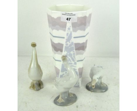 Two Lladro ceramic figures of geese, together with another similar by M Requena Valencia and a Wedgwood vase