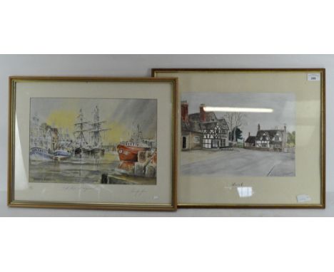 'Lacock' a signed watercolour depicting traditional buildings, signed M Lovett,;together with a limited edition print by Sand