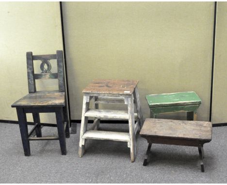 Two footstools, a short step and a painted rustic child's chair (4)