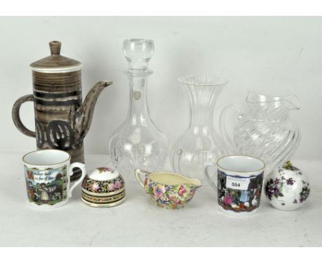 A Dartington crystal decanter, together with various ceramics, including a Cinque Ports Pottery coffee-pot and cover,  Royal 