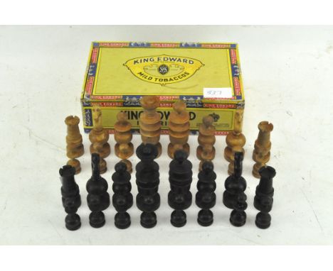 A 20th century turned wooden chess set, the King 3.5" high, contained in a King Edward Imperial cigar box