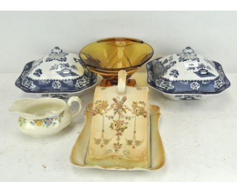 Two Wood &amp; sons "Tsing" Woods ware lidded tureens, of square form, together with a large cheese dish and more