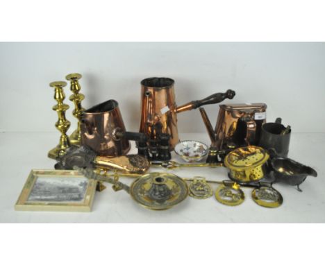 A parcel of copper, brass and EPNS, including, candlesticks, binoculars, kettles, toasting fork and other items 