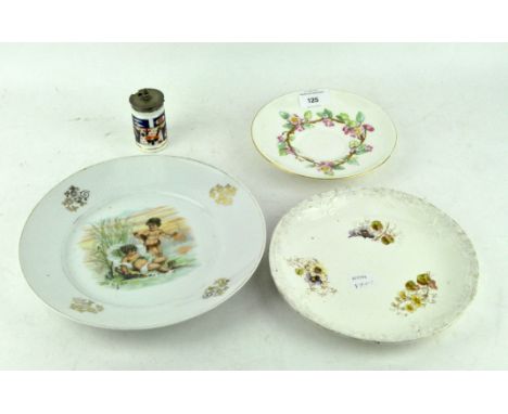 A Royal Worcester saucer, a Davenport lidded condiment pot and two other plates