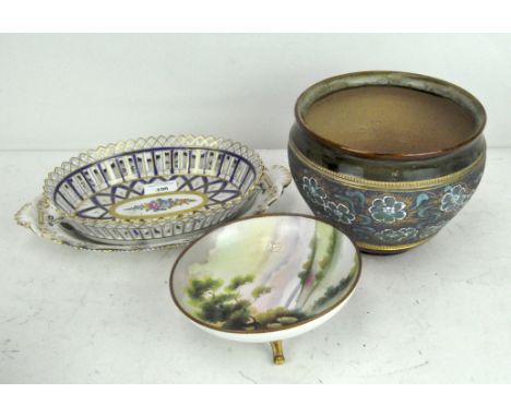 A Doulton Slater's Patent stoneware jardiniere, a Royal Worcester dish (AF), a Dresden pierced dish and another (4)