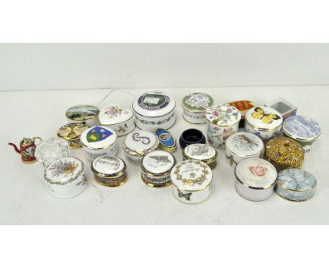 A collection of assorted ceramic trinket boxes, including Wedgwood Wimbledon collection and more