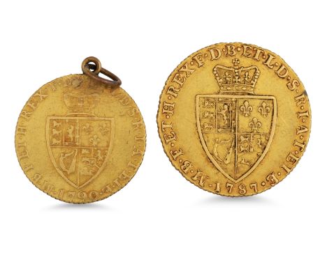 A FULL 1787 ENGLISH GOLD GUINEA COIN VF GEORGE III, plus a 1790 1/2 guinea, on a ring mount, size F gross weight 12.6 g. 22 c