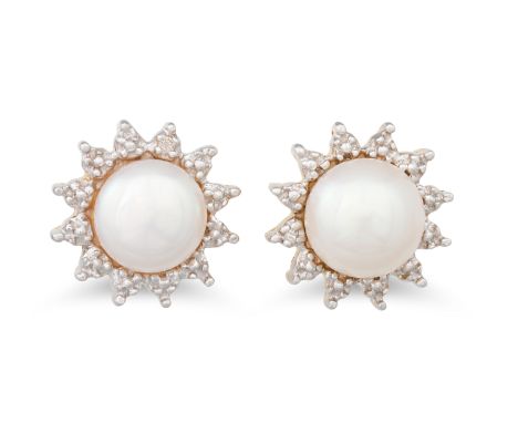 A PAIR OF DIAMOND AND PEARL CLUSTER EARRINGS, the pink cream tone pearls to a diamond surround, mounted in 9ct gold