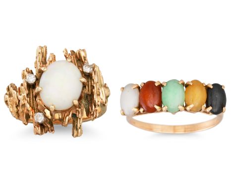 AN OPAL RING, 9ct gold bark finish, and a multi gem set ring to a gold mount.