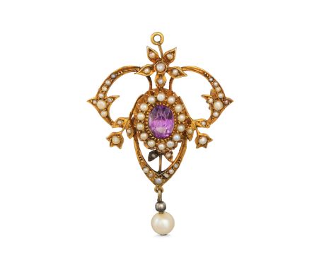 AN EDWARDIAN AMETHYST AND PEARL PENDANT/BROOCH, the central cluster to an openwork surround, pearl drop, mounted in gold ***A