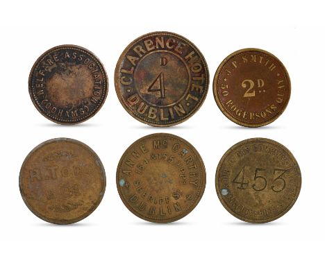 1800s 6 X LARGE BRASS IRISH TOKENS: Clarence Hotel 4d, Smith Rogersons Qy 2d, R Todd, Welfare Ass Odhams 6d, Dublin Gas Club 
