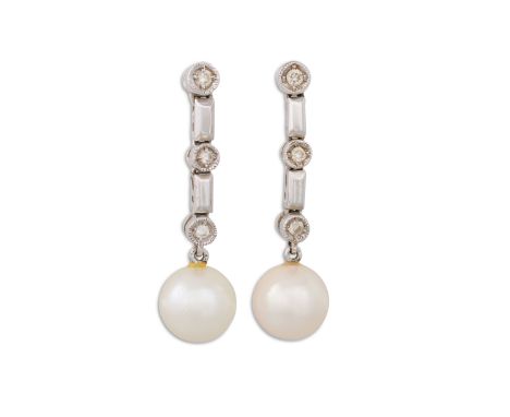 A PAIR OF DIAMOND AND PEARL DROP EARRINGS, mounted in 18ct white gold