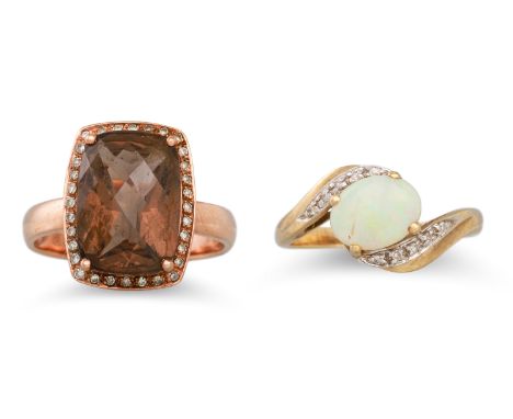 AN OPAL AND DIAMOND RING, mounted in 9ct gold, size Q, together with another smokey quartz and diamond ring, size R