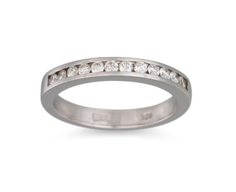 A DIAMOND HALF ETERNITY RING, channel set in 18ct white gold, 4.6 g., size M - N. Estimated: weight of diamonds: 0.35 ct