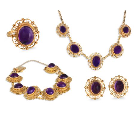 A SUITE OF AMETHYST CABOCHON JEWELLERY, mounted in 9ct yellow gold. Comprising a necklace, bracelet, ring and matching earrin